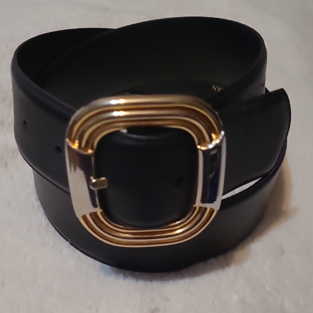 Vintage Liz Claiborne Black Leather Belt with Two Tone Silver and Gold Buckle